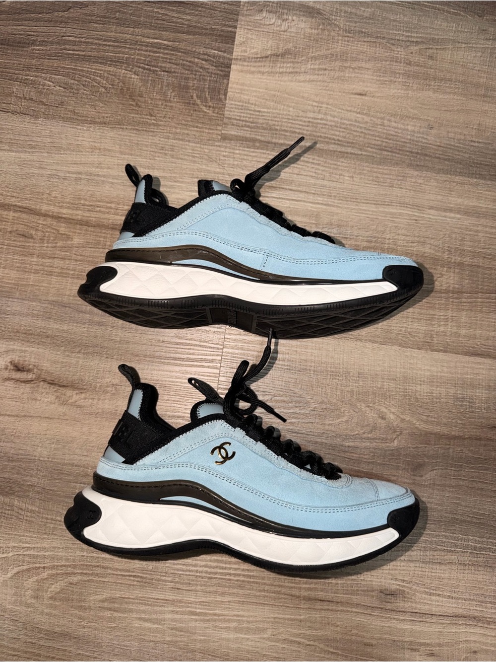 CHANEL Light Blue and Black Suede CC Logo Sneakers
